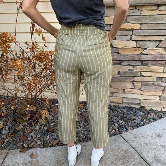 Zara Trafaluc sage/white stripes ankle length pants, drawstring waist tie, Small - Picture 4 of 6